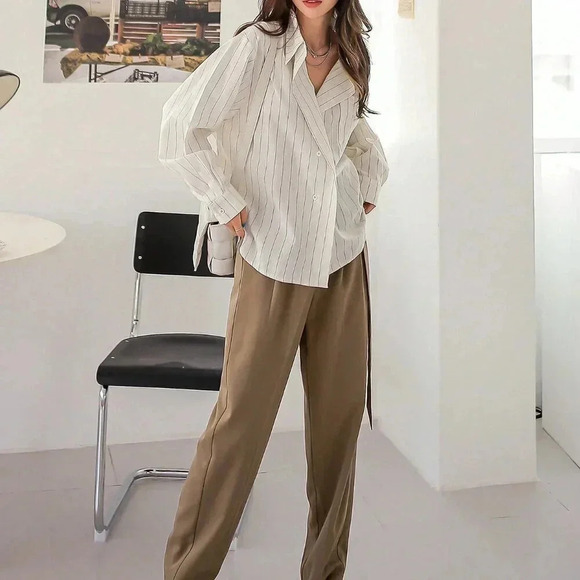 White Elegant Women's Striped Print Drop Shoulder Shirt - Picture 8 of 8